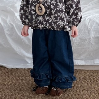 EYOUMONG 兒童直筒牛仔荷葉邊抓皺寬版長褲 E6S305