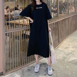 女款Yes Love大尺碼T恤連身裙, 黑色