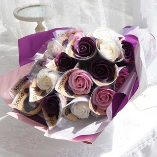 NOBLY 香皂花玫瑰20朵有錢花束 + 留言卡 + 禮物提袋, 紫色, 1個