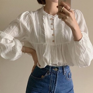 I'M MONG 女款Hwabobeul白色鈕扣亮點雪紡衫