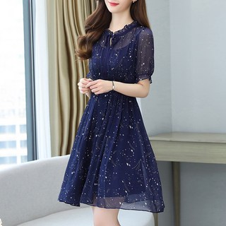 LUNAGIRL 女款Summal蝴蝶結短袖雪紡連身裙, 海軍