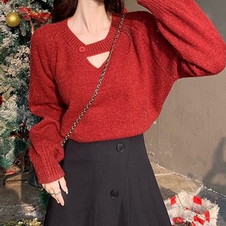 Goodif 女款蓬鬆鈕扣V領針織衫