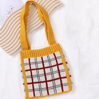 Sayaka 紗彌佳 日系經典百搭格紋造型同款毛線編織手提包+圍巾2入組, 黃色