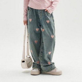 EYOUMONG 兒童款Serrato愛心刺繡鬆緊帶寬版牛仔長褲