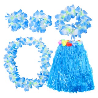 夏威夷4件組 (藍色) 草裙 項鍊 花環 手環, 藍色, 1組