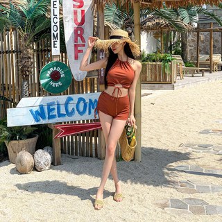 夏威夷風繞頸比基尼上衣 + 側邊抓皺高腰比基尼 cpbw138k55, 磚紅色