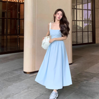 PEONIST 細肩帶露背綁帶百褶長洋裝, 藍色