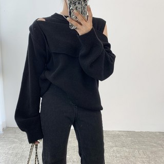 PEONIST 露肩挖肩氣球袖針織上衣