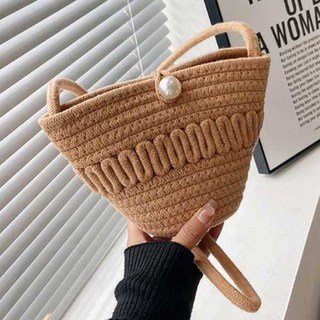 PEONIST 繩編草編沙灘迷你包, 米色