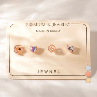Jewnel 女用醫療鋼月亮極光愛心方塊鋯石耳環四件組