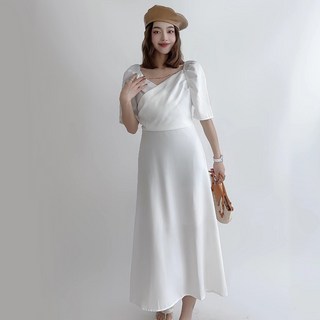 TheSirup 女款抓皺寬領蓬蓬袖連身裙, 白色