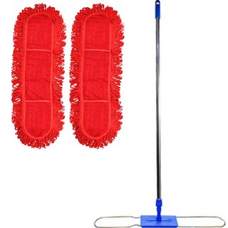 World Clean 除塵拖把布 60公分 x 2入 + 高級平板拖把桿套組, 1組, 紅色, 藍色