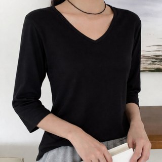 Lalaon 女款V領彈性羅紋八分袖T恤 26TSP3698