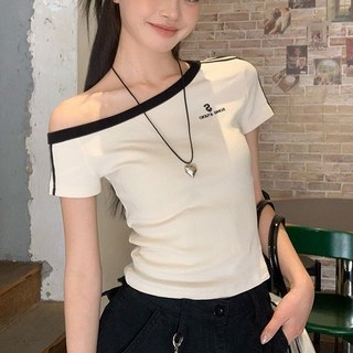 PEONIST 女款不對稱修身單邊露肩短袖T恤