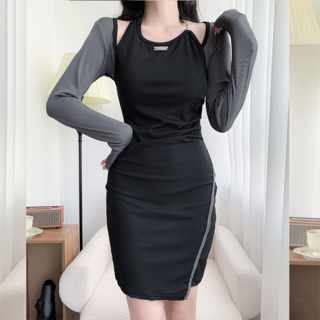 PEONIST 繞頸撞色修身迷你連身裙, 黑色