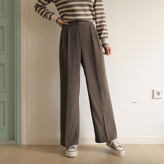 BBAEBBAE 女款後鬆緊帶雙褶飾長版直筒寬版西裝褲