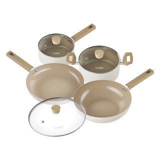 Casabeni 克雷梅拉電磁爐適用陶瓷鍋具5件組, 1組, 白色 + 咖色, 單柄鍋 18cm+雙耳鍋 20cm+平底鍋 28cm+深炒鍋 28cm+玻璃鍋蓋 28cm
