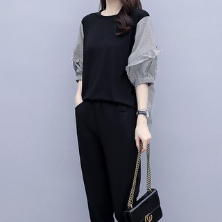 MarketA 女士條紋燈籠袖熟女風上下套裝