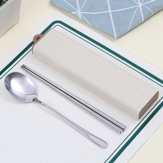 TINNY BLANC STEADY 無噪音便攜式不鏽鋼餐具組, 1套, 湯匙 + 筷子 + 收納盒, 象牙白