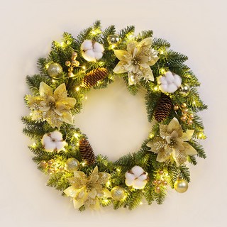 MORIANN 大型花圈 + 燈飾組, 金色一品紅, 花圈(直徑 40cm)