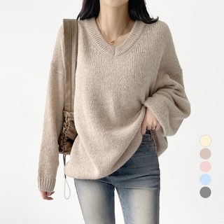 Planday 女款羊毛柔美寬鬆V領長版針織衫