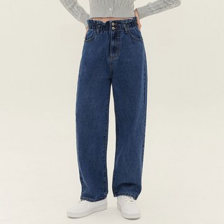 JINMANIA 女款腰部鬆緊帶休閒雙鈕扣寬版牛仔褲 C617WJU