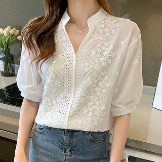 LUNA GIRL Tyunin亨利領鏤空女衫