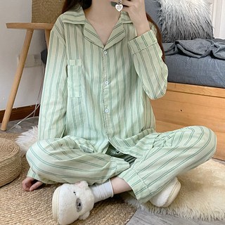 Kojitori 女士清新條紋長袖睡衣套裝