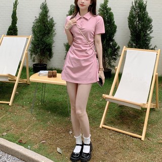 Andaromi 側邊抽繩Polo領短袖迷你連身裙, 粉紅色