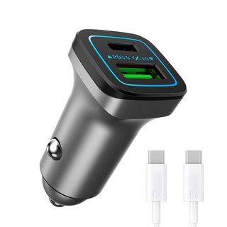 Axxen PD 雙孔車用充電器 + C to C 30W 充電線套組, 銀色, 充電器(C30), 充電線(A600)