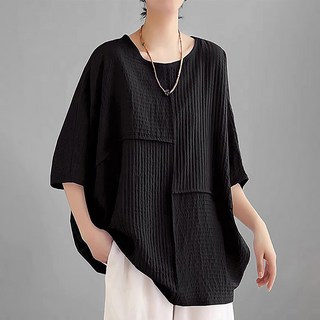 ATTERLIC 女款透氣大尺碼橫豎條紋蝙蝠袖T恤 10313