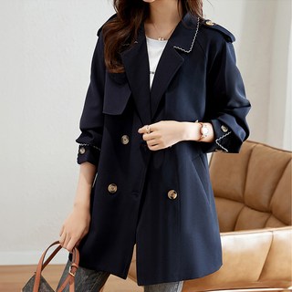 Queenis 女款翻領線條設計短版風衣外套