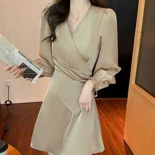 Pomel緞面設計連身裙, 米色