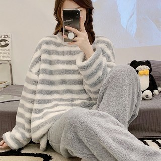 2Estar 女款保暖絨毛超細纖維睡眠睡衣上下套裝