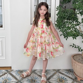 Aibifu 女童款波浪線條荷葉邊碎花圖案旗袍領包袖蕾絲連身裙