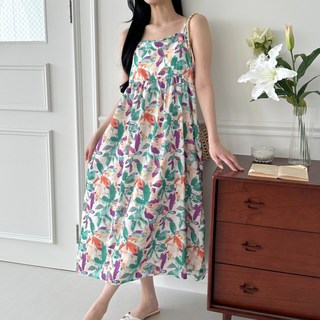 Lalaon 傘襬渲染度假風細肩帶長版連身裙 TSP2441, 綠色