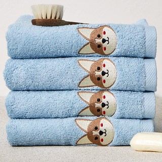 SOFT TOUCH 新款My Dog刺繡洗臉毛巾 150g 40支精梳棉, 天空藍威爾斯柯基, 4個