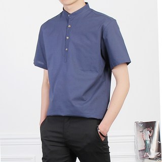 MINEFLOW 男士 NM 短袖亨利領素色襯衫