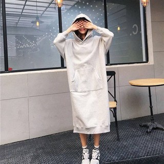 大尺碼長袖連帽連身長裙, 灰色