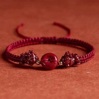 Buddha best 招財運鏡面圓形硃砂雙貔貅手鍊