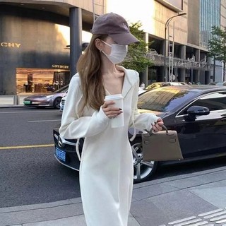 PEONIST 連帽領運動風H字型長版連身裙, 白色