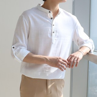 Jijiblack男款Seede亨利領涼爽亞麻襯衫