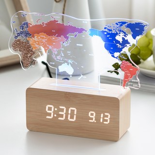 FLaITO 木質世界地圖造型LED電子時鐘, 楓