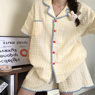 PEONIST 女款格紋翻領口袋短袖上下睡衣套裝