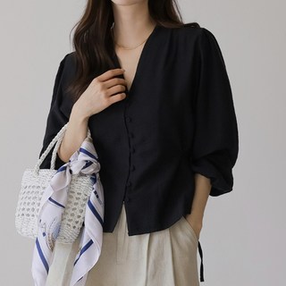 시크폭스 여성용 포엘 텐셀 단추 브이넥 블라우스 51BL279