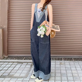 MEICHEL 貼片獨特丹寧寬版連身褲 吊帶褲 11150