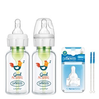 닥터브라운 루스터 데코 내로우넥 유리 젖병 2p + 2단계 젖꼭지 2p + 크리닝 브러쉬 2p, 화이트 + 그린, 120ml, 1세트