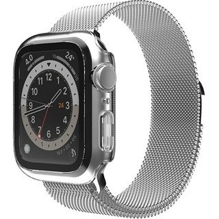 Sinjimoru Apple Watch 相容 磁性金屬米蘭錶帶 + 9H 全覆蓋一體式保護殼, 水晶透明(錶殼),銀色(錶帶), 1個