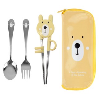 KitchenU 小熊第一階段學習筷餐具組, 1組, 勺+叉+直筷+盒, 混色