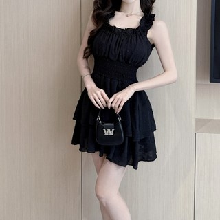 GLAM DIVV Derban荷葉邊胸口抓皺傘狀迷你連身裙 AC0829, 黑色